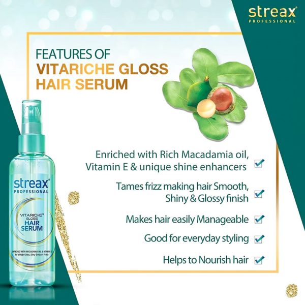 Streax Professional Vitariche Gloss Hair Serum | Vitamin E Infused Smoothing Serum | Frizz-Free Shine | Pink Flash BD - Pink Flash BD
