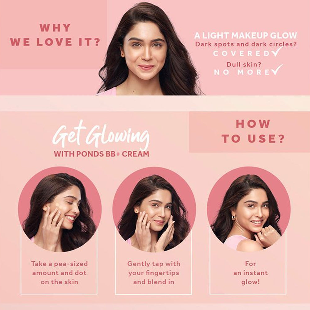Pond’s Bright Miracle Light Foundation and BB+ Cream in Natural shade with pink flash, offering smooth, even skin coverage.