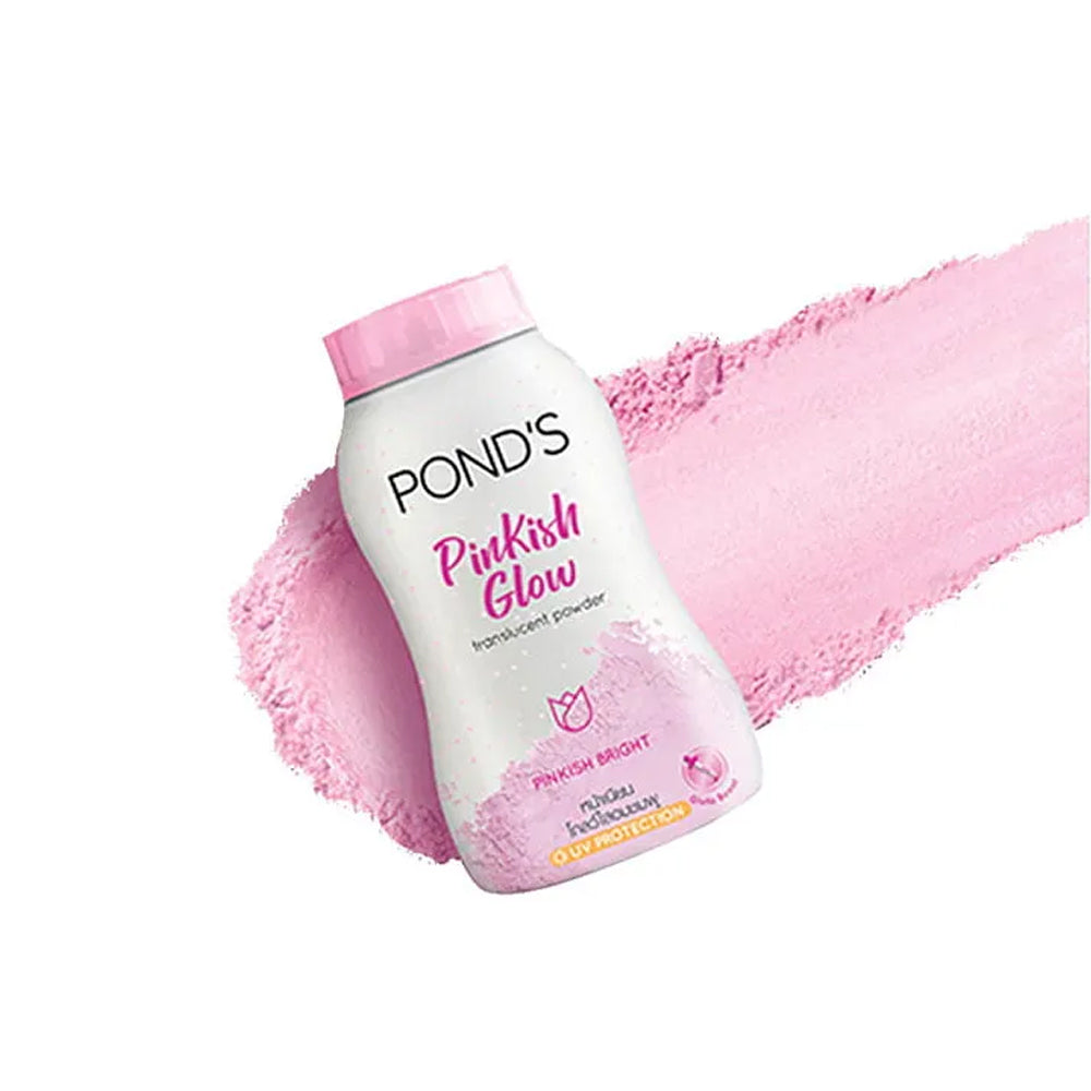 Pond’s Pinkish Glow Translucent Facial Powder in 50g with brightening and oil control properties, featuring a pink tint for radiant skin.