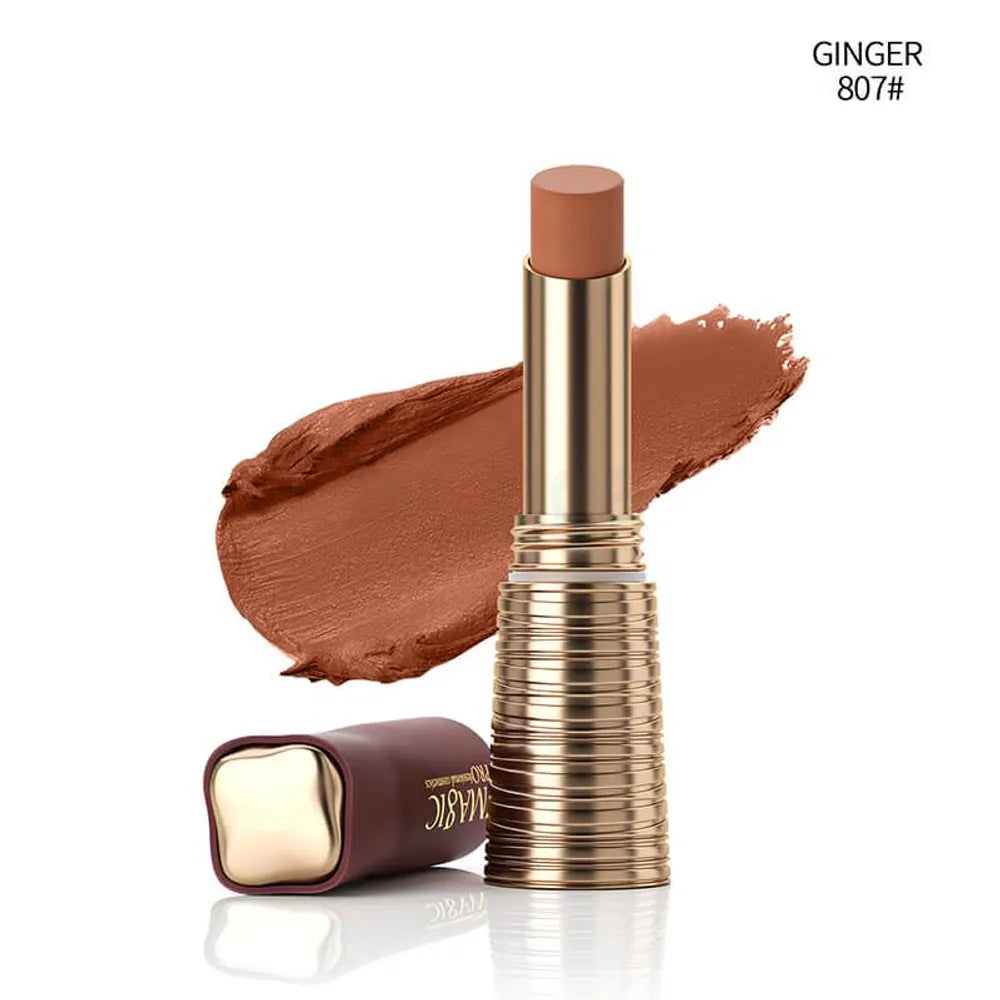 IMAGIC Kiss Proof Matte Lipstick in shade #807 Ginger, showcasing the rich pinkish-brown lipstick color on a simple compact.