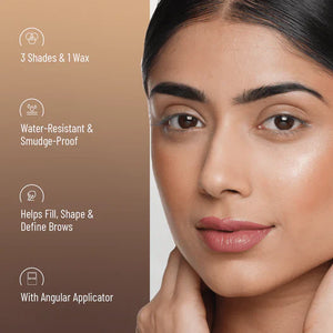 Model using the dual-ended applicator from the Swiss Beauty 3-in-1 Brow Palette for defined eyebrows.