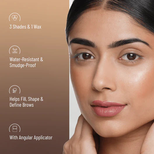 Model using the dual-ended applicator from the Swiss Beauty 3-in-1 Brow Palette for defined eyebrows.
