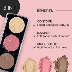 High-definition view of the dusty rose blush, pearlescent highlighter, and tan contour in Palette