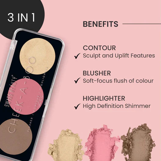 High-definition view of the dusty rose blush, pearlescent highlighter, and tan contour in Palette