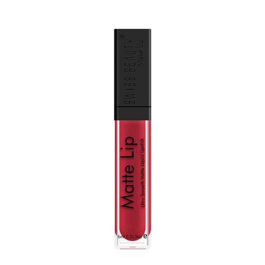 Intense scarlet red matte swatch of Swiss Beauty Liquid Lipstick Shade 01 showing smooth, non-cracking texture.