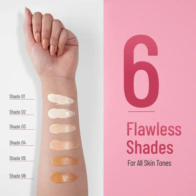 Arm swatched with six flawless foundation shades from light to dark on neutral background with pink panel