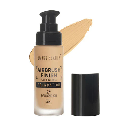 Swiss Beauty Airbrush Foundation Shade 2 Fair Ivory in 30ml bottle, lightweight, waterproof, full coverage foundation on a neutral background.