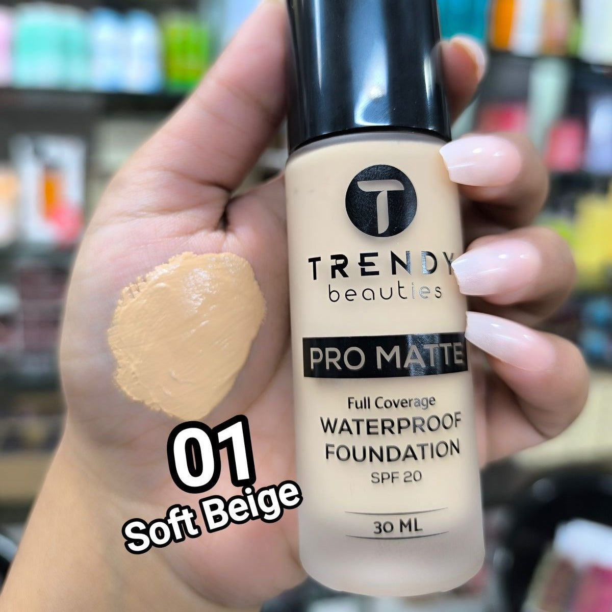 TRENDY Beauties Pro Matte Waterproof Foundation 01 Soft Beige - SPF20 Full Coverage - Pink Flash BD