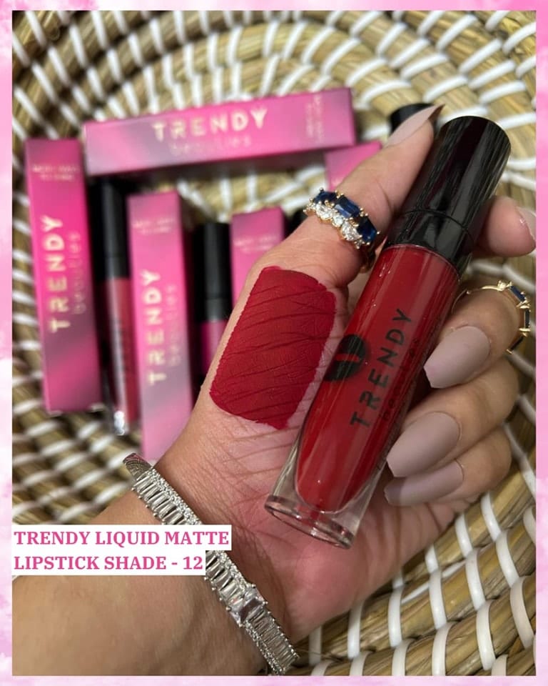Hand swatch of TRENDY Beauty Liquid Matte Lipstick Shade 12 on medium skin tone