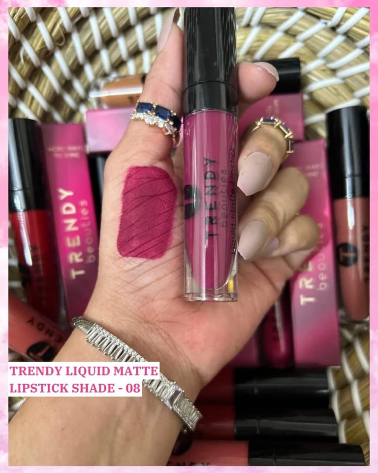 TrendY Beauty Liquid Matte Lipstick #08 in Pink Flash BD, showing a sleek tube and swatch of vibrant, long-lasting pink lipstick.