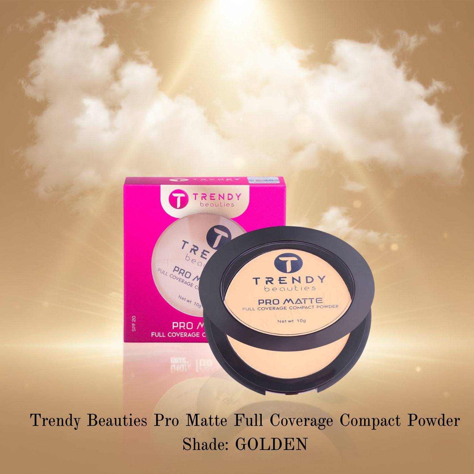 Trendy Beauties Pro Matte Full Coverage Compact Powder in Shade 03 Golden, showing the sleek pink compact with open lid and pressed powder.